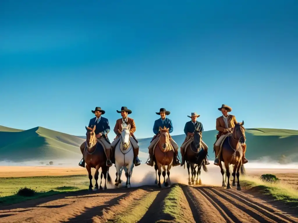 Un grupo de gauchos uruguayos en traje tradicional, cabalgando por la campiña dorada, heredando el legado de su tierra