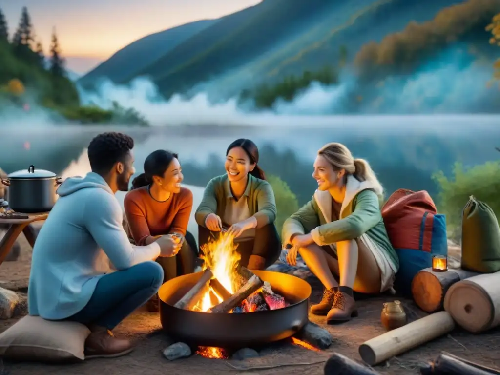 Grupo variado disfruta cocinar al aire libre con sistemas de cocina portátiles en bosque al atardecer