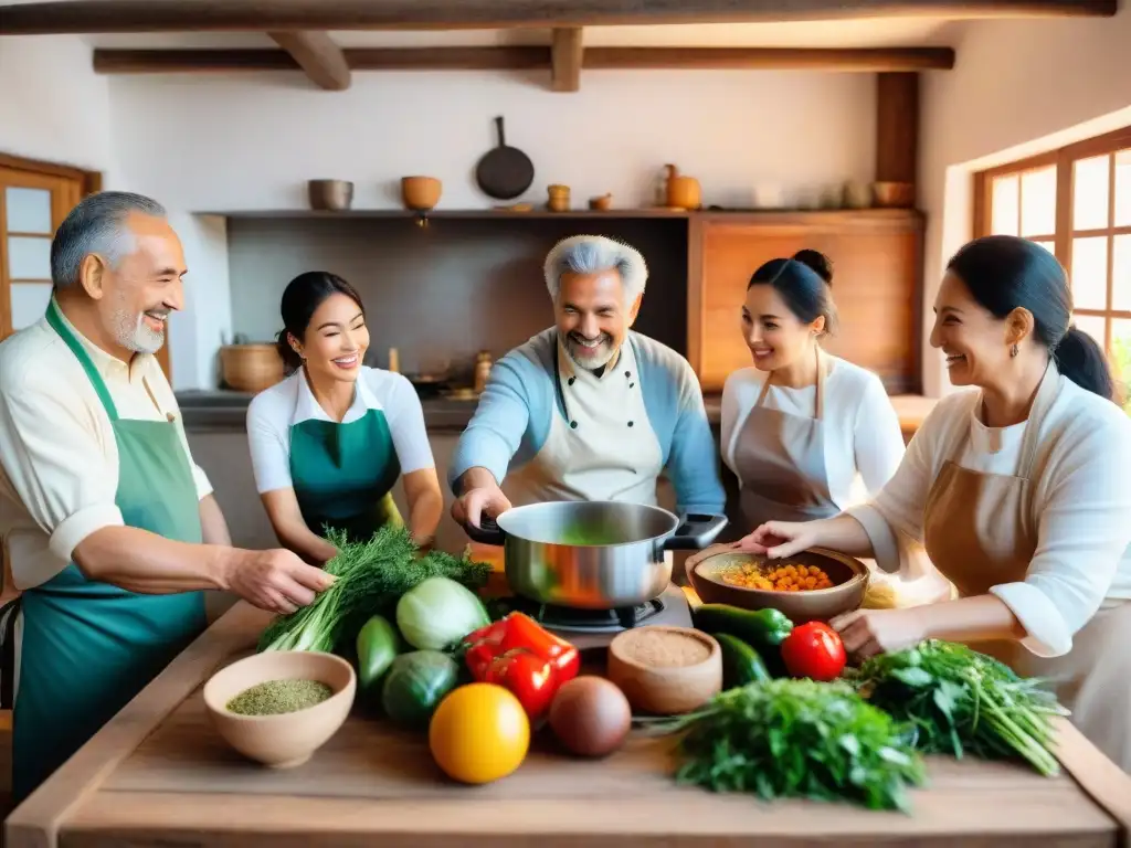 Un grupo variado se reúne en una cocina uruguaya tradicional para talleres de cocina rural con ingredientes coloridos