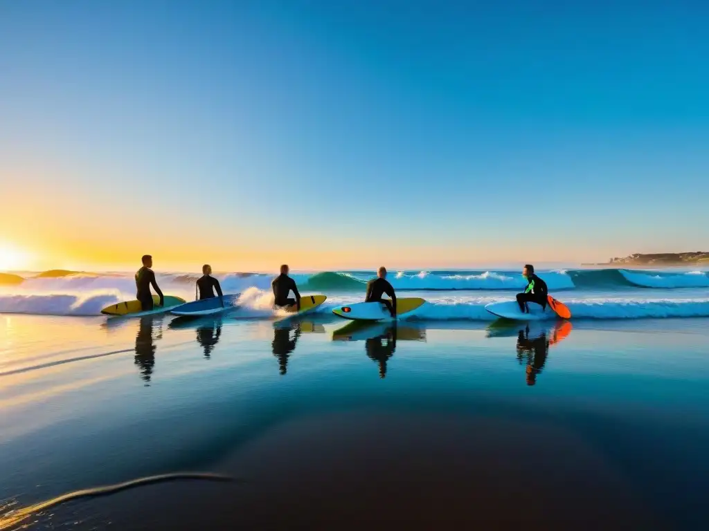 Un grupo variado de personas disfruta de una sesión de surf terapéutico en las tranquilas costas de Uruguay, bajo un cielo azul y olas suaves