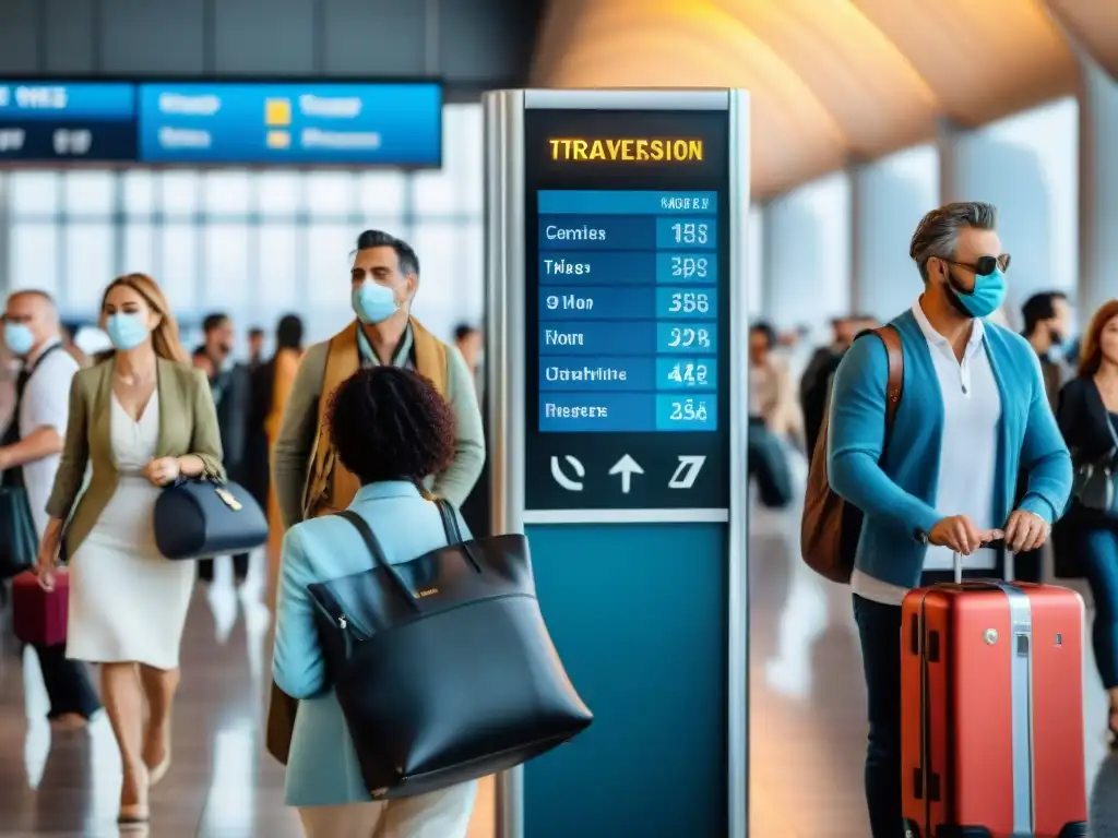 Grupo variado de viajeros en aeropuerto de Uruguay con equipaje y mascarillas, mostrando emociones diversas