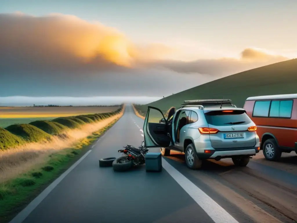 Un grupo variado de viajeros varados en una pintoresca carretera de Uruguay al atardecer, resalta la importancia de la asistencia en carretera