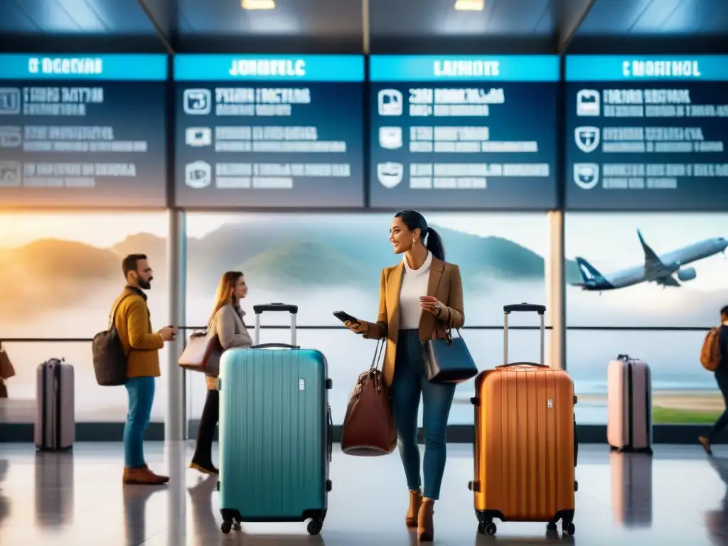 Grupo de viajeros en aeropuerto de Uruguay revisando seguro de viaje confiable en sus dispositivos, rodeados de equipaje y emoción