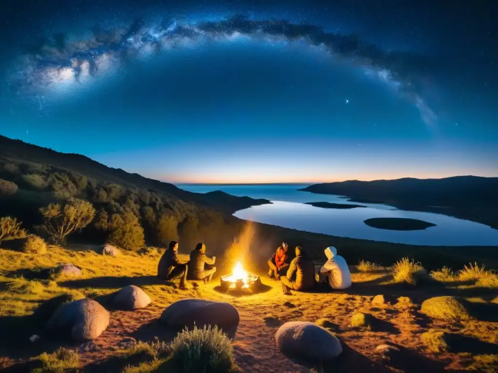 Un grupo de viajeros aventureros montando campamento bajo un cielo estrellado en Uruguay