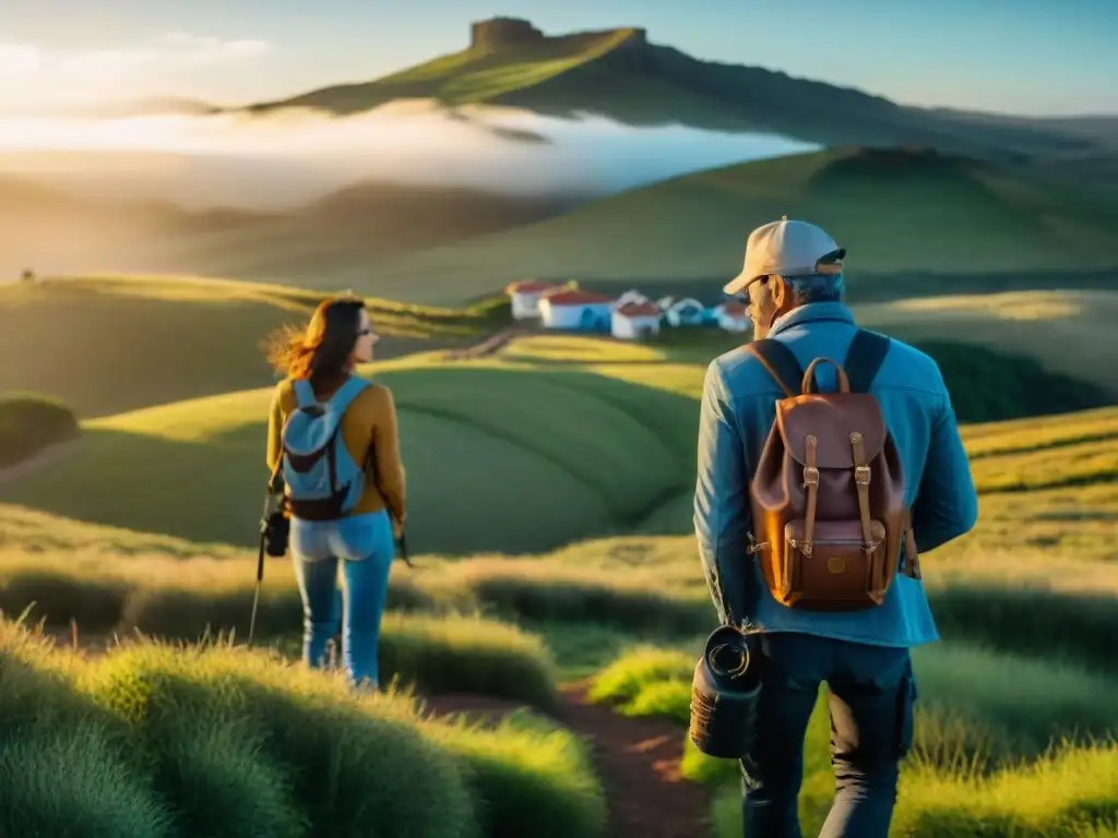 Un grupo de viajeros aventureros capturando la cultura y paisajes de Uruguay en un documental fotográfico al atardecer