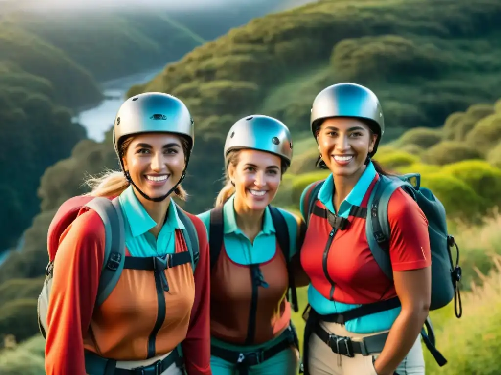 Un grupo de viajeros aventureros en Uruguay se prepara para una emocionante experiencia de tirolesa entre exuberante vegetación, con el sol poniéndose en el fondo, creando un cálido resplandor dorado sobre la escena