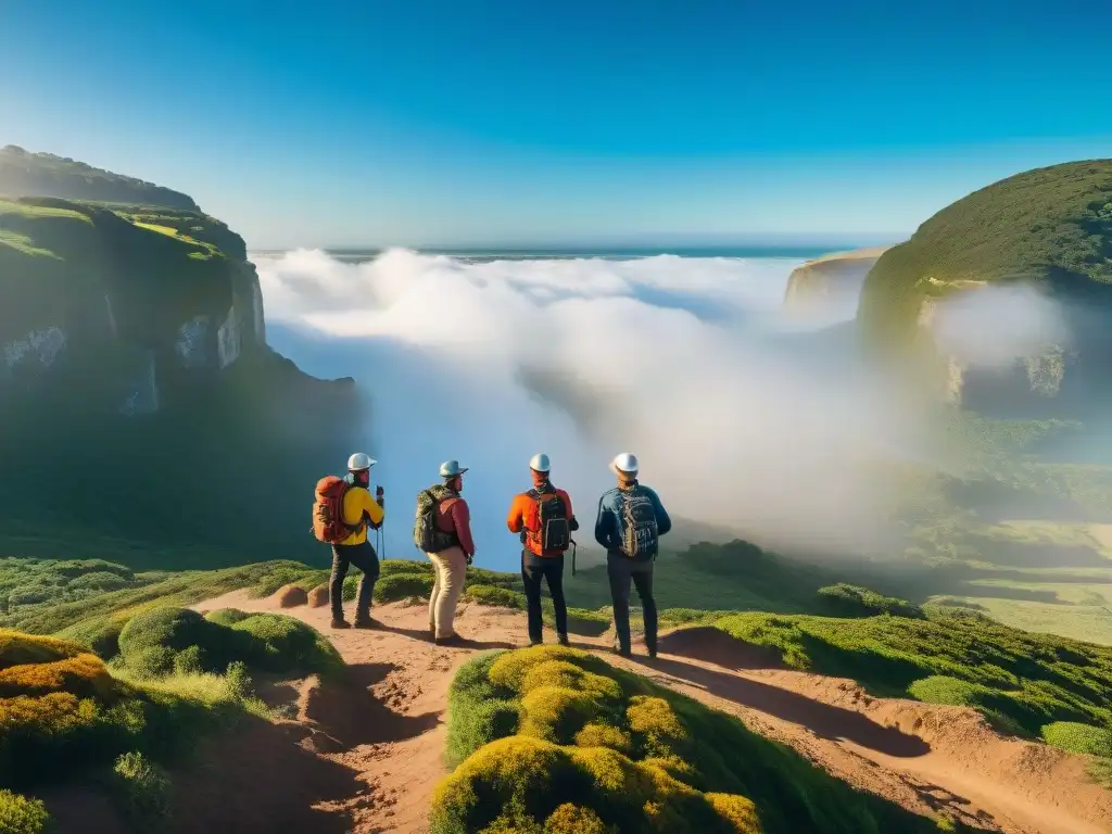 Un grupo de viajeros aventureros en Uruguay, equipados con dispositivos de comunicación para explorar con seguridad