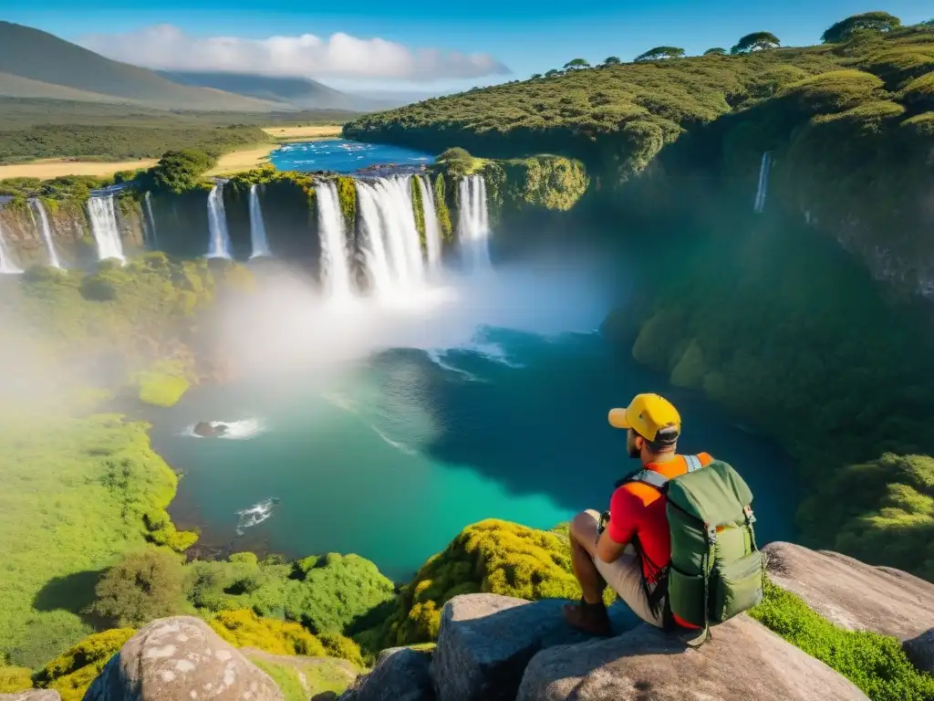 Grupo de viajeros aventureros en Uruguay listos con mochilas coloridas y equipamiento de senderismo bajo el sol, frente a un paisaje exuberante