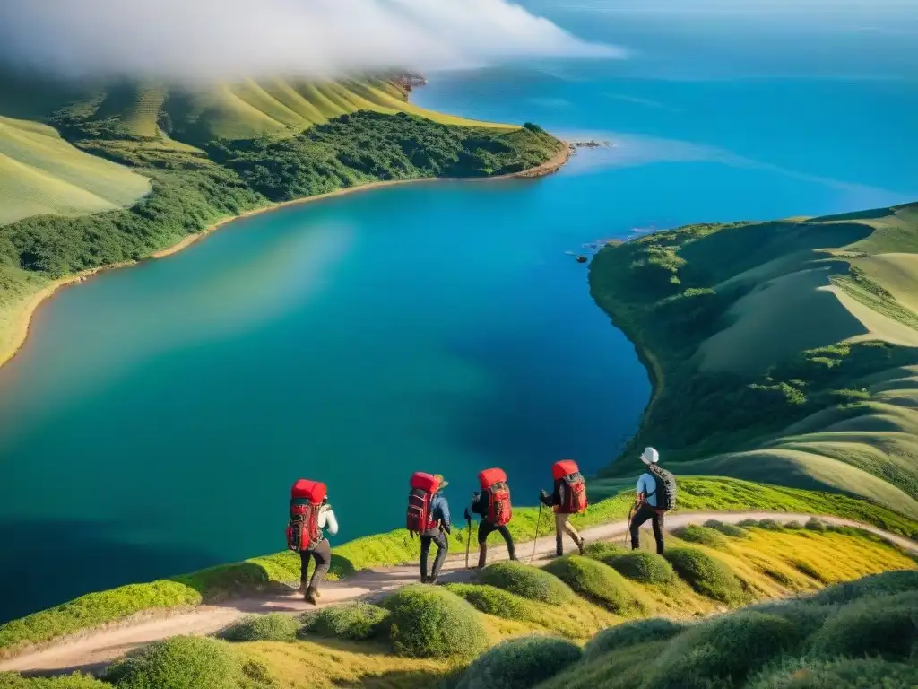 Un grupo de viajeros aventureros explorando los paisajes de Uruguay, con colinas verdes y cielo azul