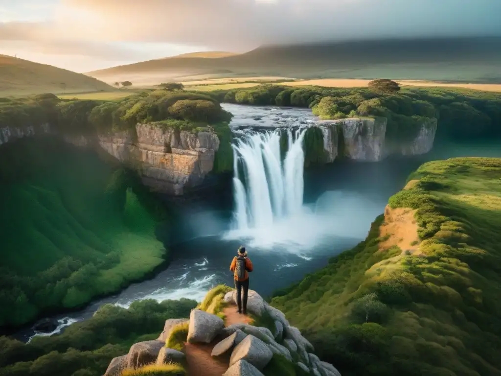 Un grupo de viajeros aventureros explorando los paisajes de Uruguay al atardecer