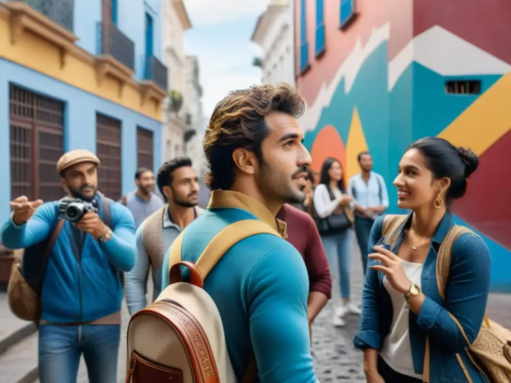 Un grupo de viajeros aventureros en Montevideo, escuchando al guía uruguayo frente a un mural colorido