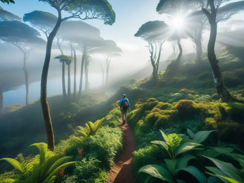 Grupo de viajeros explorando bosques exuberantes de Uruguay, con flora y fauna nativa