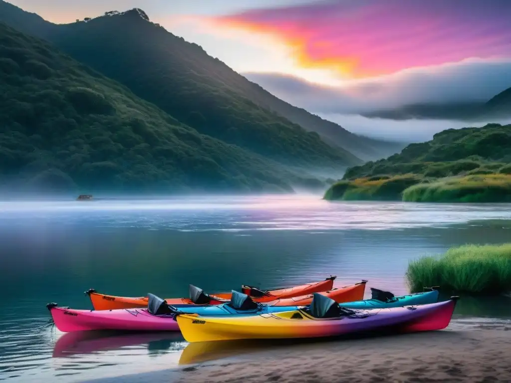 Un grupo de viajeros en kayaks coloridos surcando las aguas serenas de Laguna Garzón, Uruguay, bajo un vibrante atardecer