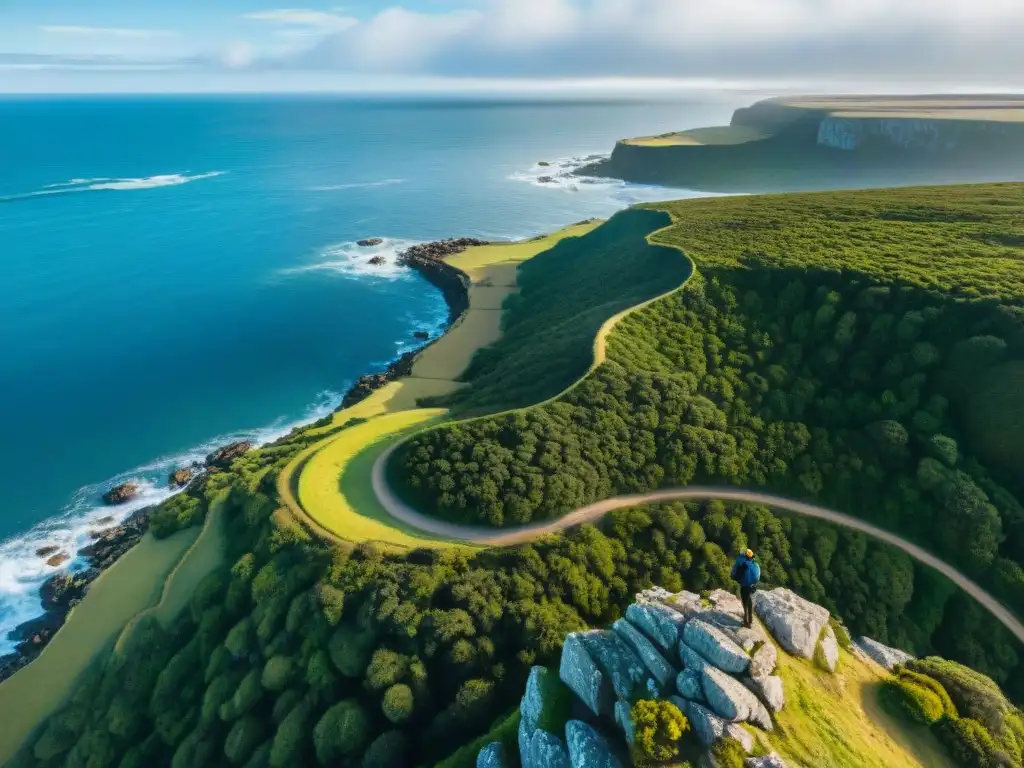 Grupo de viajeros admirando la costa uruguaya desde un acantilado, con un drone capturando la vista panorámica