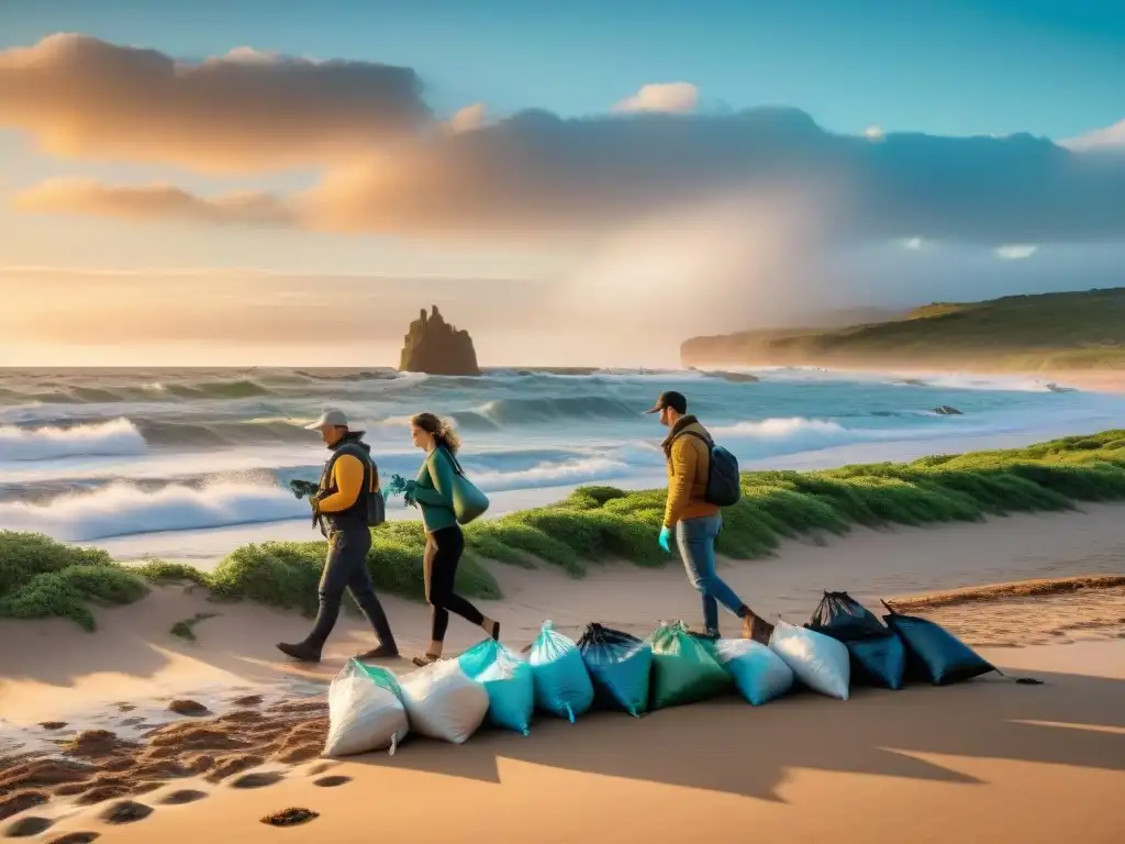 Un grupo de viajeros dedicados limpia una playa en Uruguay al atardecer, transmitiendo responsabilidad y comunidad