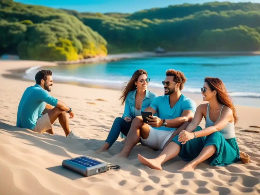 Grupo de viajeros usando dispositivos de energía solar portátiles en una playa de Uruguay, rodeados de naturaleza exuberante y cielos azules