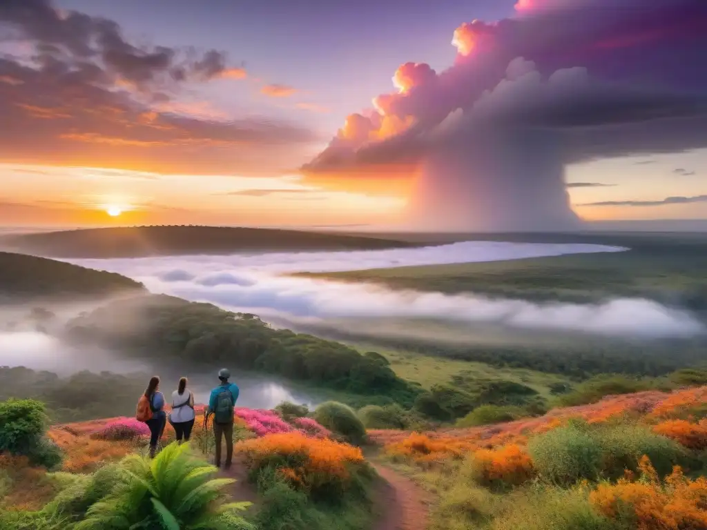 Un grupo de viajeros diverso admira un atardecer en un bosque de Uruguay