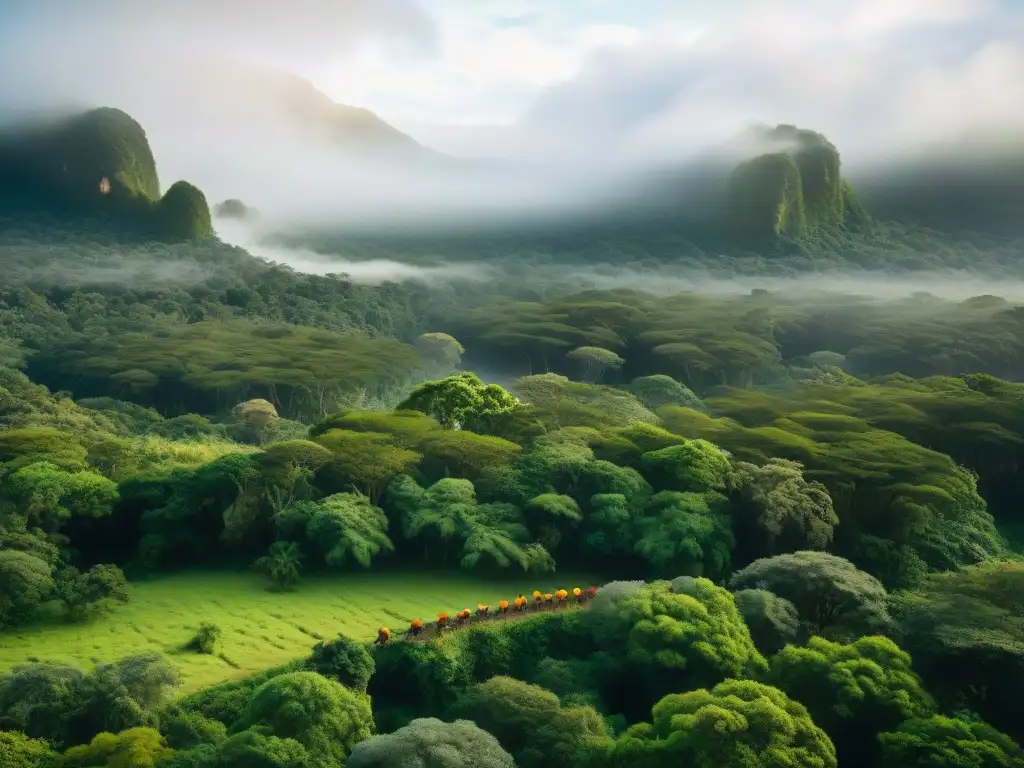 Un grupo de viajeros ecoconscientes en un bosque lluvioso de Uruguay, observando aves tropicales