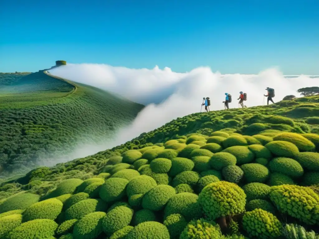 Un grupo de viajeros explorando la exuberante naturaleza de Uruguay, reflejando el espíritu del Ecoturismo en Uruguay sostenible