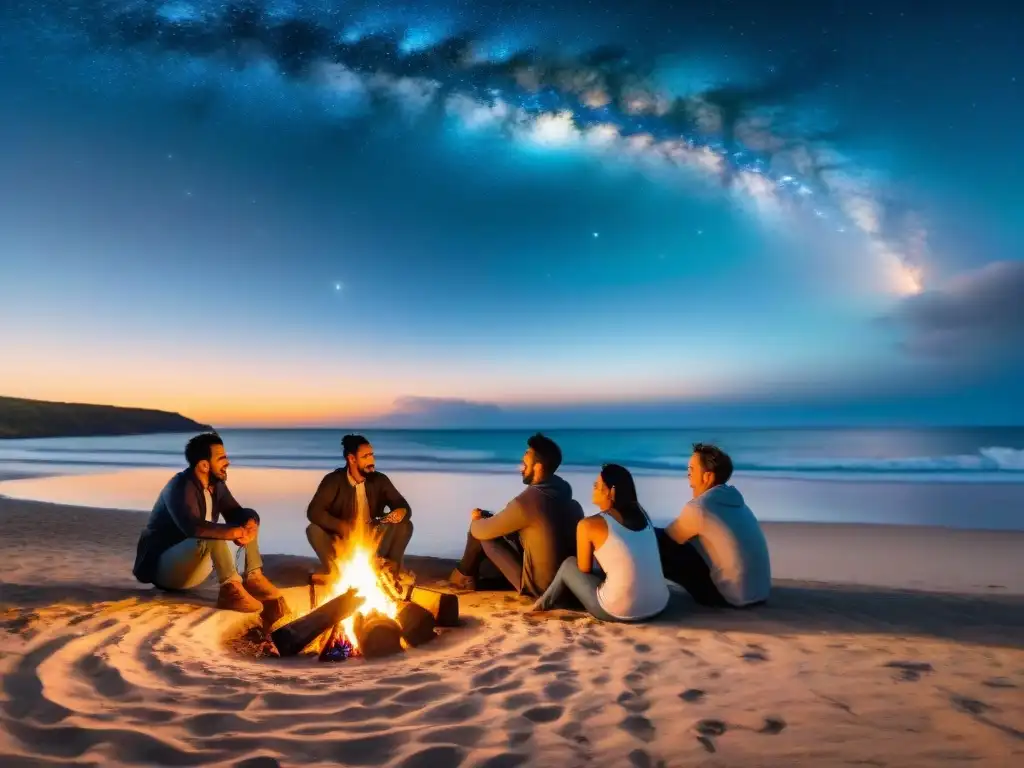 Grupo de viajeros alrededor de fogata en playa de Uruguay, compartiendo historias, en un taller de storytelling visual