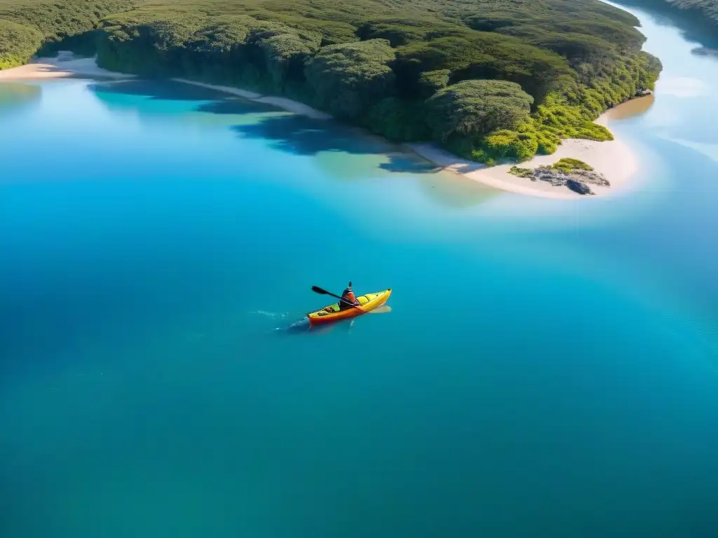 Un grupo de viajeros en kayak explorando Laguna Garzón al atardecer en Uruguay, ideal para las mejores aplicaciones turismo activo Uruguay