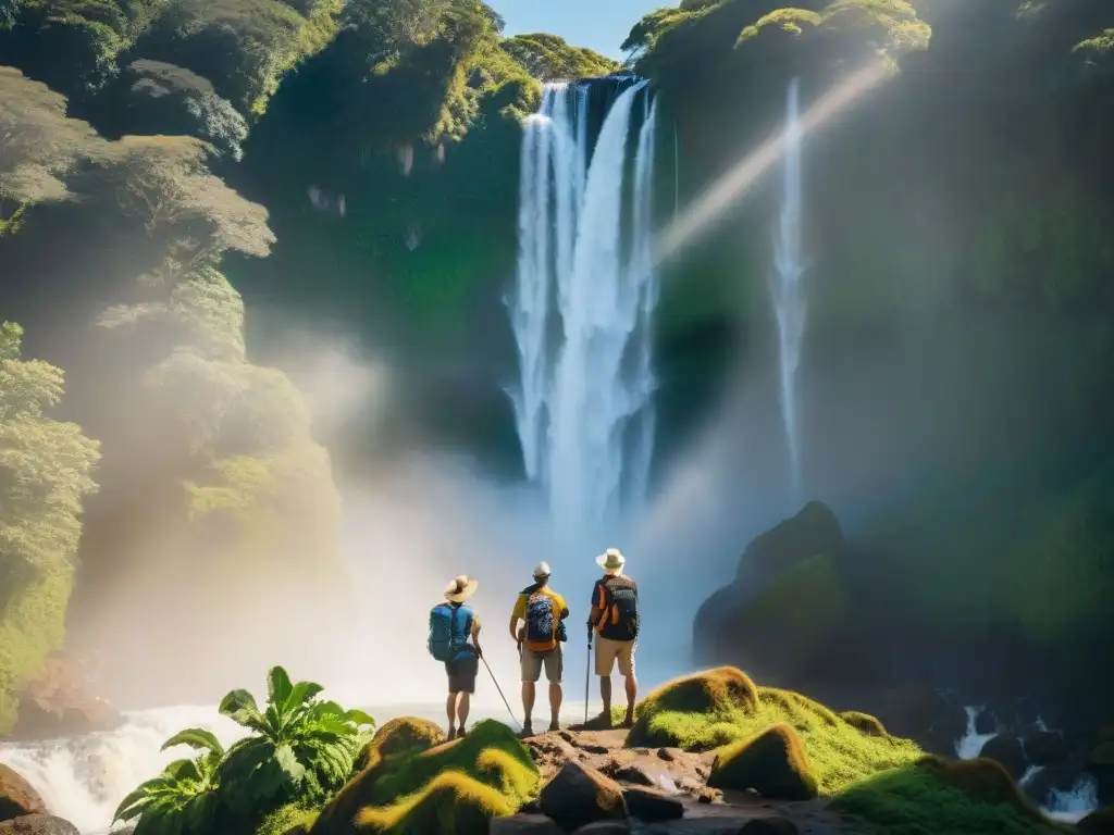 Un grupo de viajeros diversos admira una majestuosa cascada en Uruguay, resaltando la belleza natural