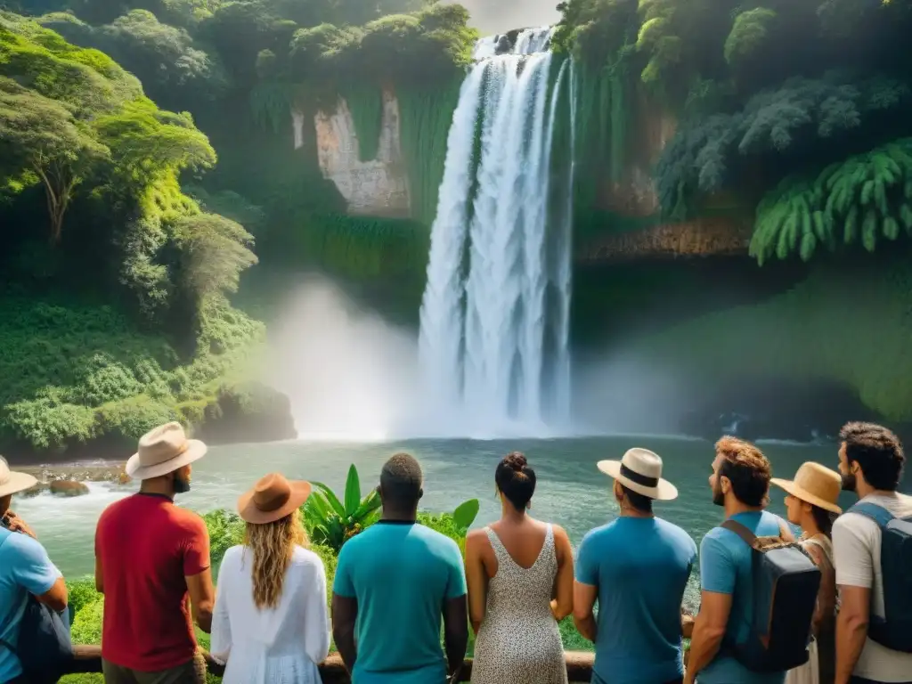 Un grupo de viajeros admirando una majestuosa cascada escondida en la exuberante selva de Uruguay