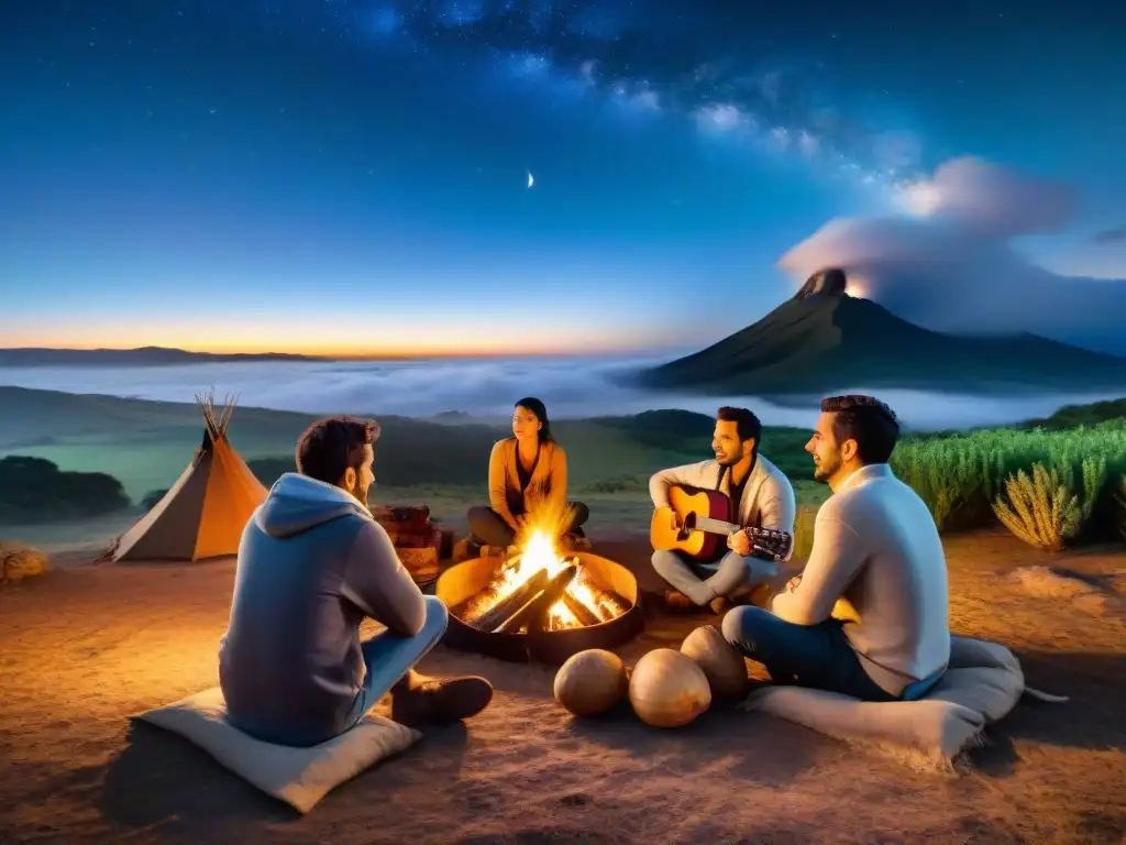 Grupo de viajeros disfrutando de la narrativa uruguaya alrededor de una fogata en el campo