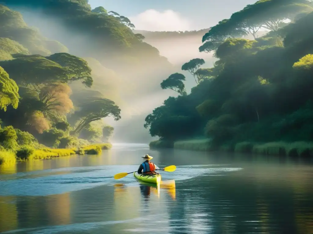 Grupo de viajeros remando en kayaks por un río en Uruguay, rodeados de naturaleza exuberante