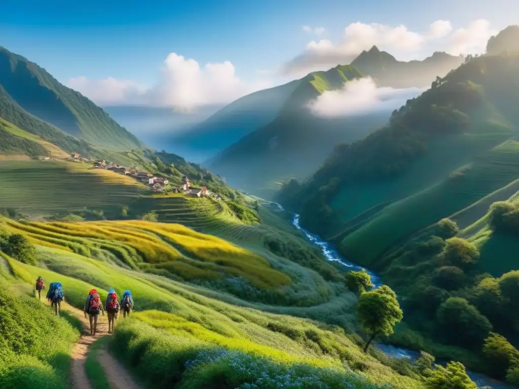 Un grupo de viajeros hace senderismo en colinas verdes con montañas al fondo y cielo azul