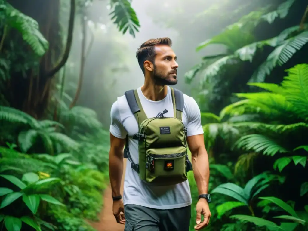 Grupo de viajeros explorando un sendero en la selva tropical con riñoneras de aventura, en un ambiente de camaradería y emoción