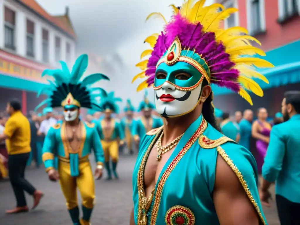 Grupo vibrante de bailarines de carnaval en trajes tradicionales uruguayos, con máscaras y plumas coloridas, celebrando la esencia del Carnaval Uruguayo tradición y futuro