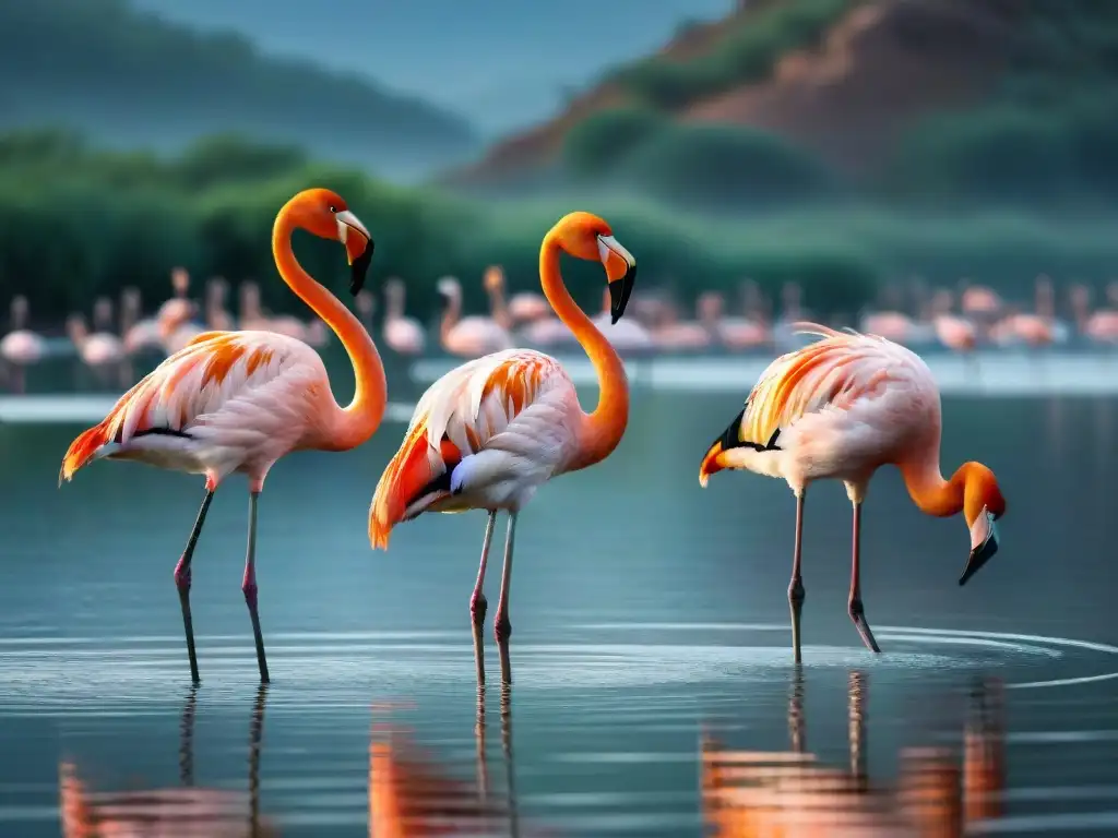 Un grupo vibrante de flamencos danza en la Laguna de Rocha, reflejando la armonía de la naturaleza