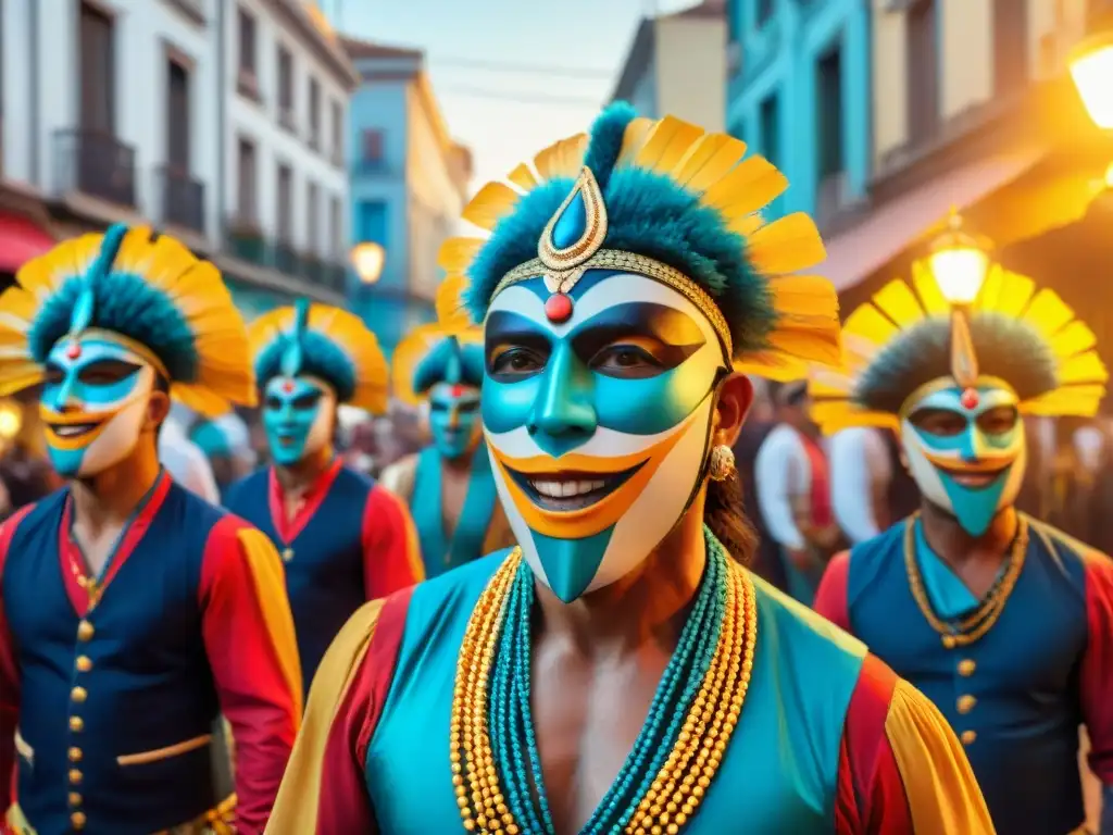 Grupo vibrante de murgueros en Uruguay expresión cultural, cantando y bailando con pasión durante el Carnaval en Montevideo