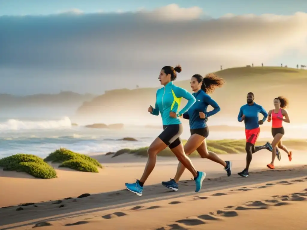 Grupo vibrante de principiantes en running, estirando juntos en la costa de Uruguay al amanecer