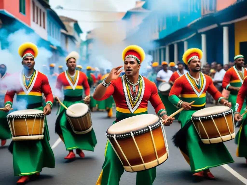 Grupo vibrante de tamborileros en el Día Nacional del Candombe en Uruguay, tocando con pasión y energía