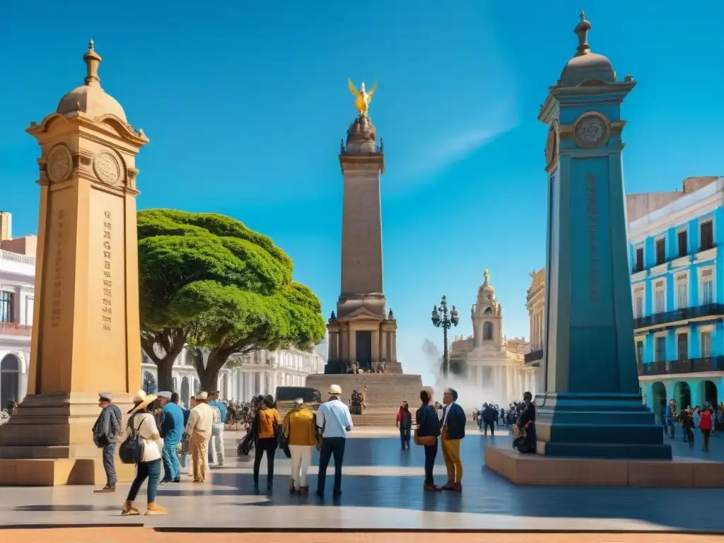 Un grupo de visitantes admira las estatuas de José Gervasio Artigas en Plaza Independencia durante la Semana de Artigas homenaje héroe Uruguay