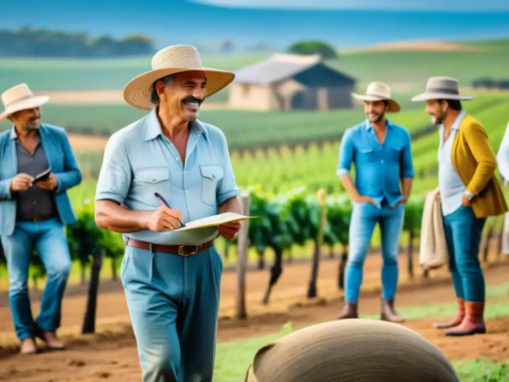 Un grupo de visitantes sonrientes aprendiendo sobre agroturismo sostenible en Uruguay, rodeados de viñedos verdes y una casa de adobe tradicional