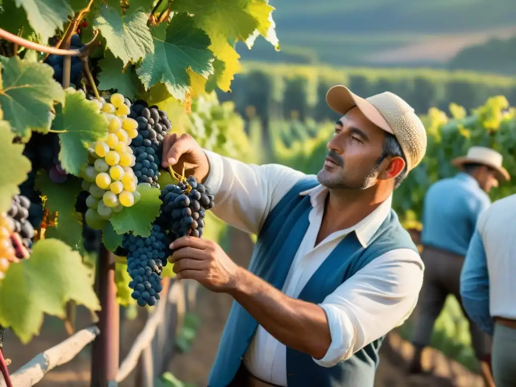 Grupo de viticultores expertos seleccionando uvas al amanecer en viñedo