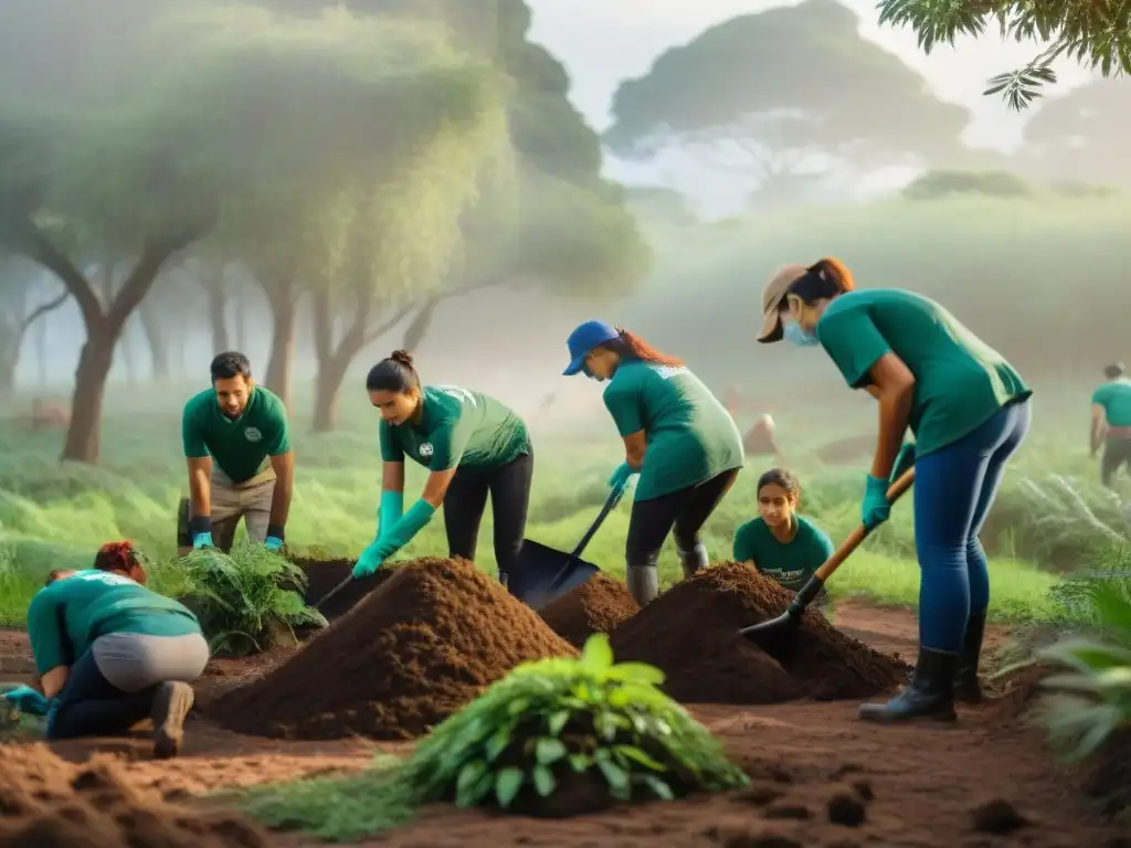 Grupo de voluntarios ambientales en Uruguay plantando árboles y limpiando la naturaleza, rodeados de vida y luz del sol