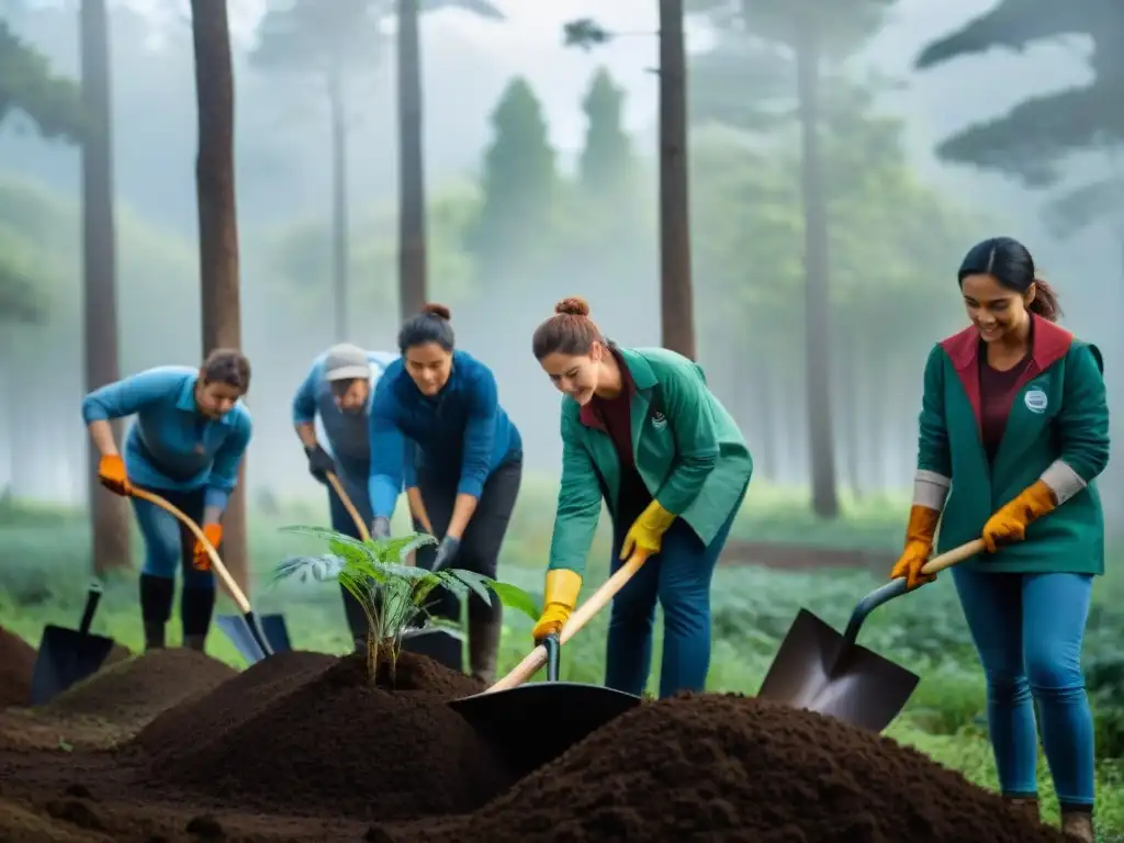 Grupo de voluntarios plantando árboles en un bosque de Uruguay