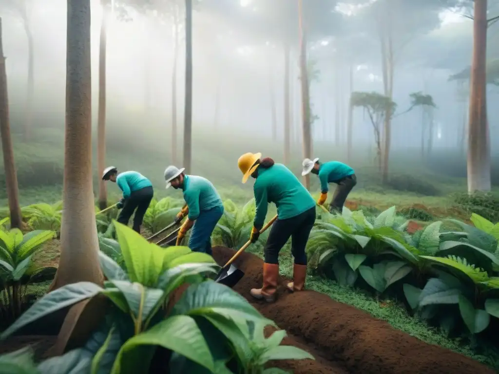 Grupo de voluntarios plantando árboles en un bosque de Uruguay, demostrando su compromiso con proyectos conservación