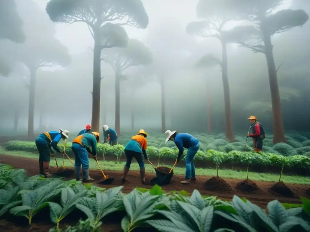 Grupo de voluntarios plantando árboles en un exuberante bosque de Uruguay