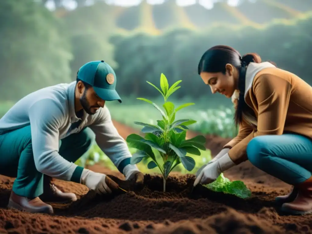 Un grupo de voluntarios plantando árboles nativos en un bosque verde en Uruguay