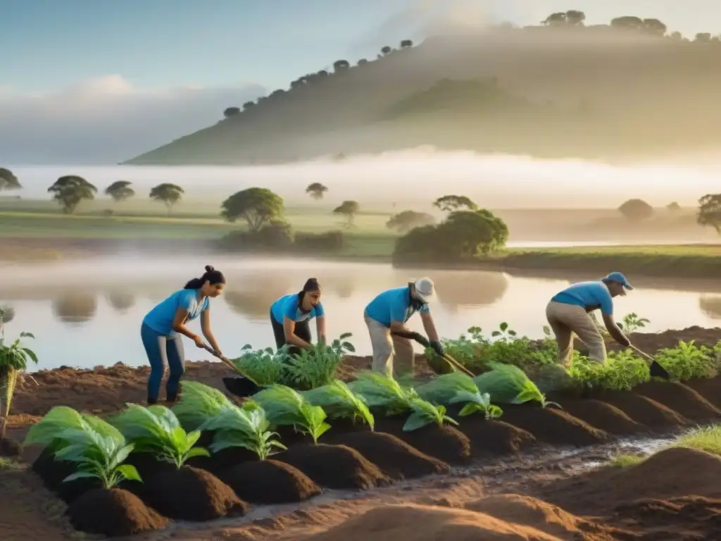 Un grupo de voluntarios plantando árboles a orillas de un río en Uruguay al atardecer