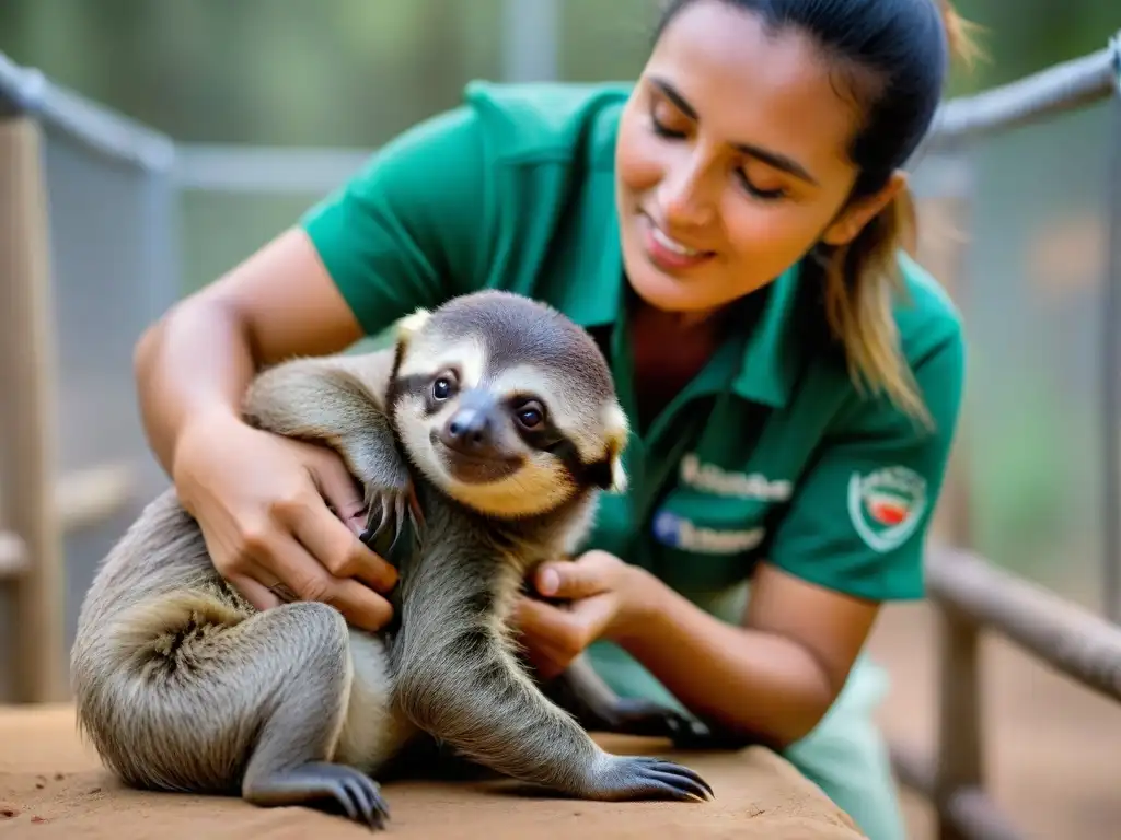 Grupo de voluntarios en centro de rescate de fauna en Uruguay cuidando animales heridos con dedicación