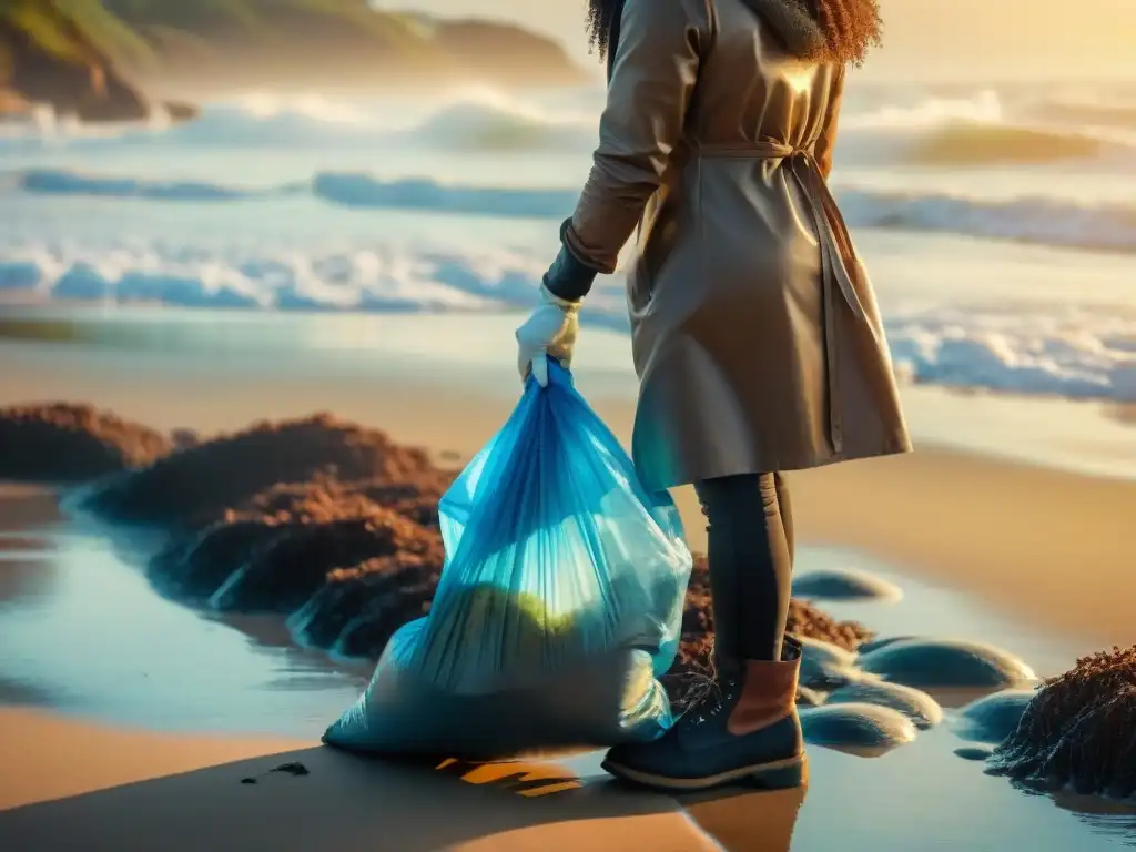 Grupo de voluntarios diverso limpiando playa al atardecer en Uruguay, destacando la conservación marina