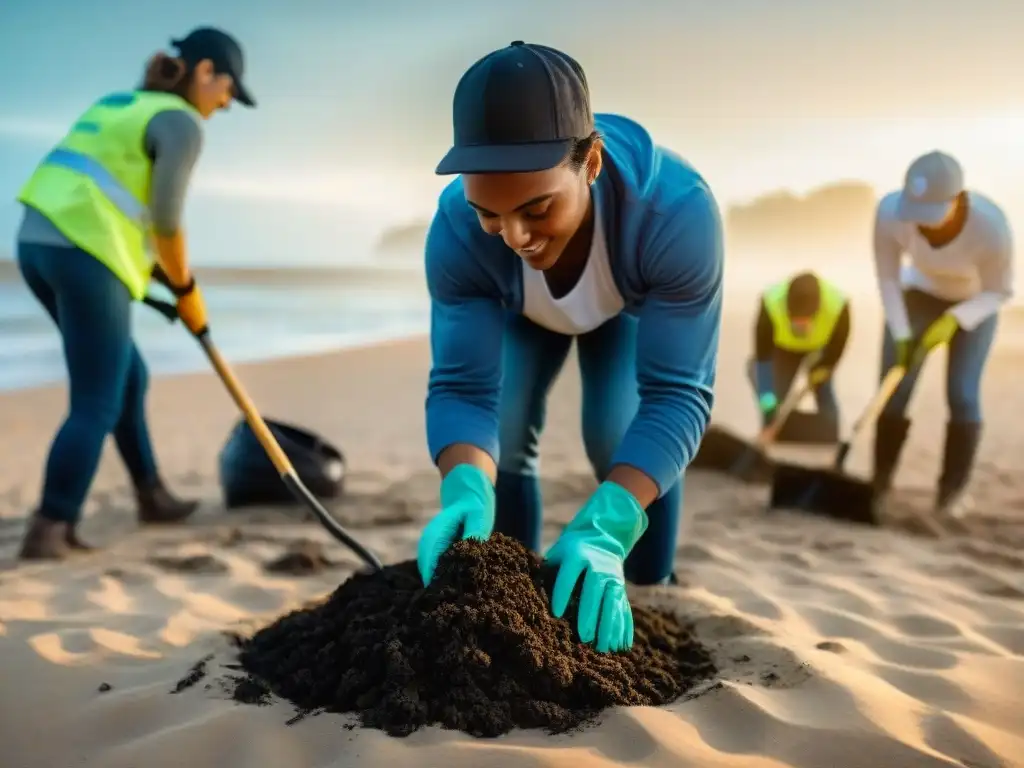 Un grupo de voluntarios diversos trabajando juntos para limpiar una playa en Uruguay al atardecer