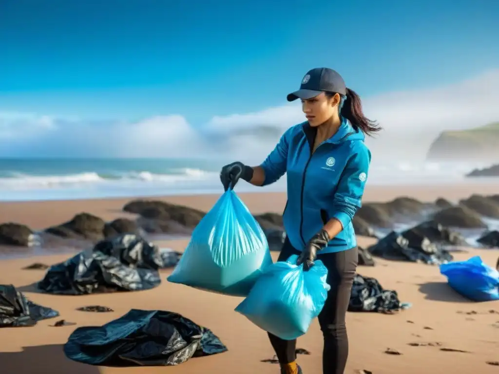 Un grupo de voluntarios diversos limpia una playa en las costas de Uruguay