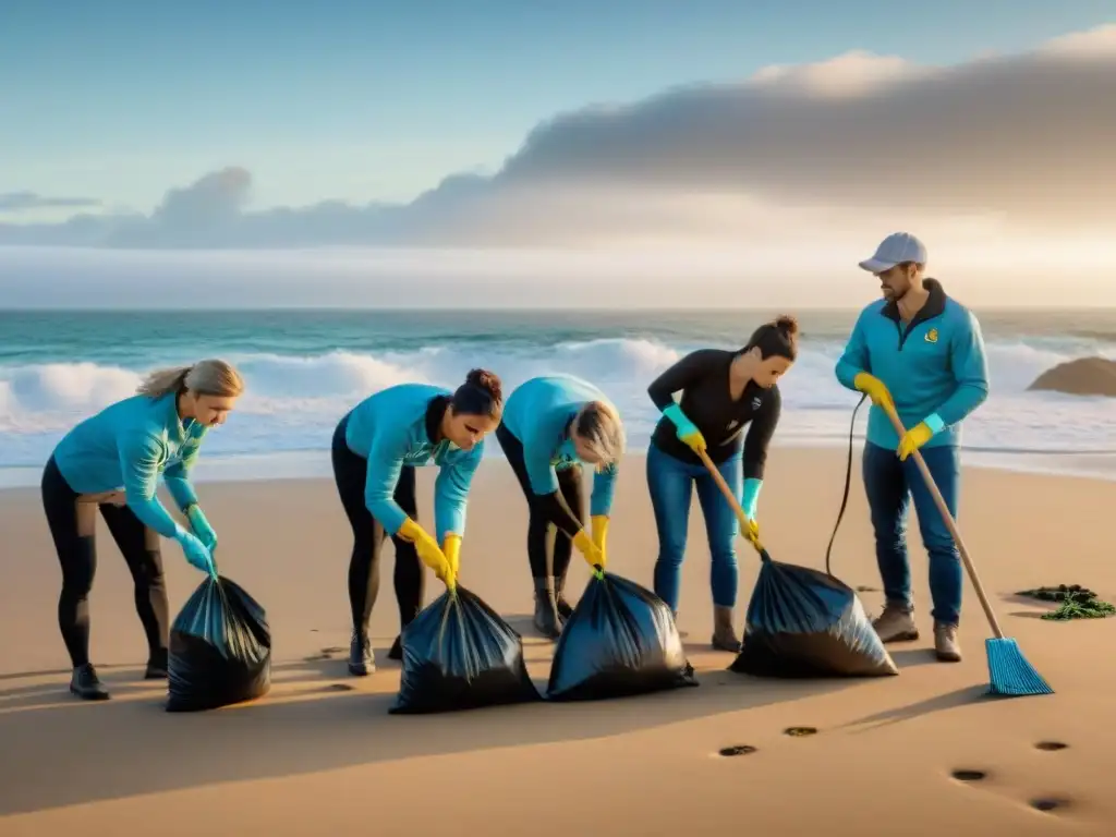 Un grupo de voluntarios limpia una playa en Uruguay al atardecer, mostrando su dedicación por la conservación marina